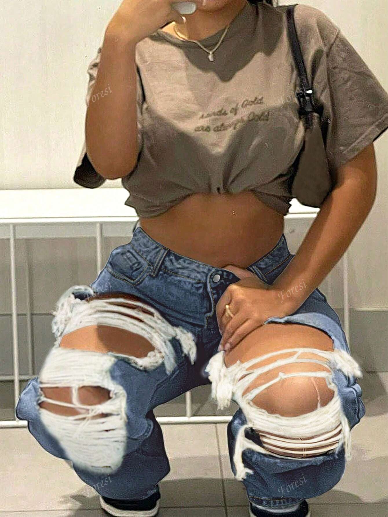 Cut Out Ripped Fringe Trim Straight Leg Jeans