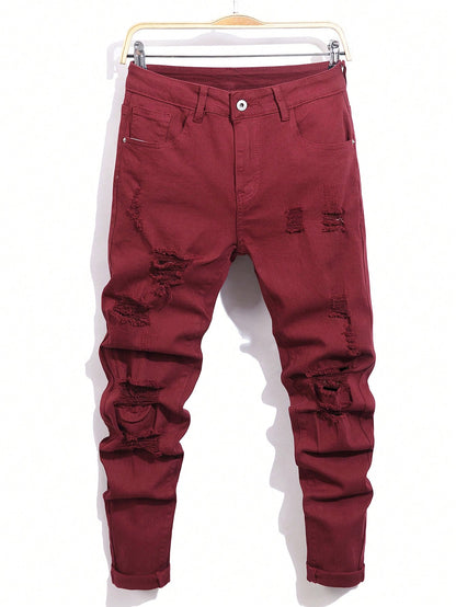 Manfinity LEGND Men'S Slim-Fit Denim Pants with Pockets and Distressed Design for Daily and Travel