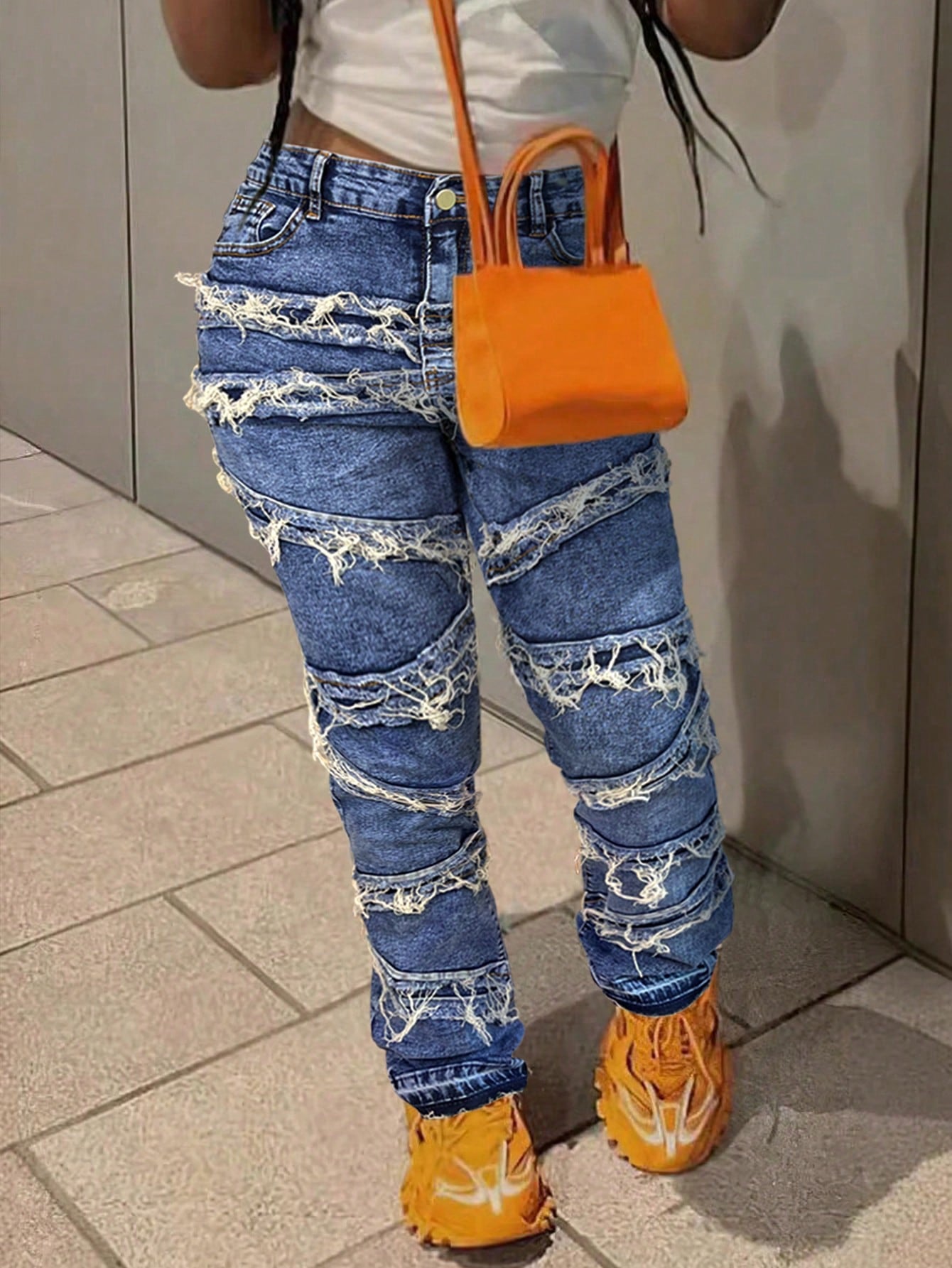 Y2K 90S Street Slant Pocket High Stretchy Distressed Raw Frayed Unique Tassel Design Patchwork Hip Hop Jeans