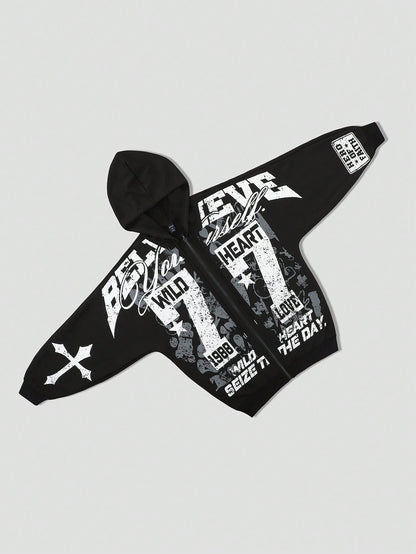 ROMWE Street Life Men'S Cross & Letter Print Hoodie, Streetwear Retro Style