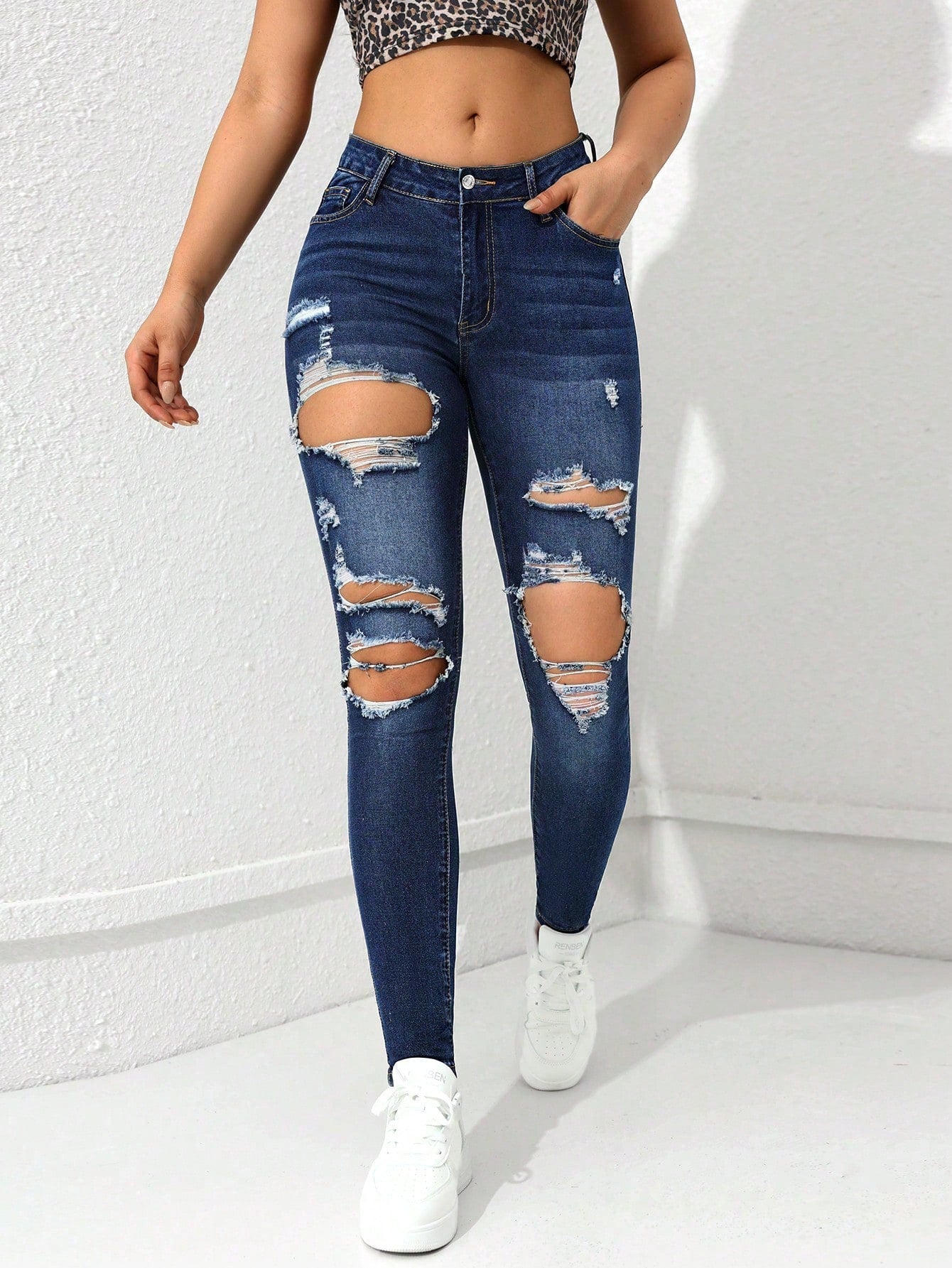 Ezwear Women'S Pocket Distressed Skinny Casual Denim Jeans