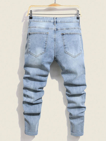 Manfinity LEGND Men'S Slim-Fit Denim Pants with Pockets and Distressed Design for Daily and Travel