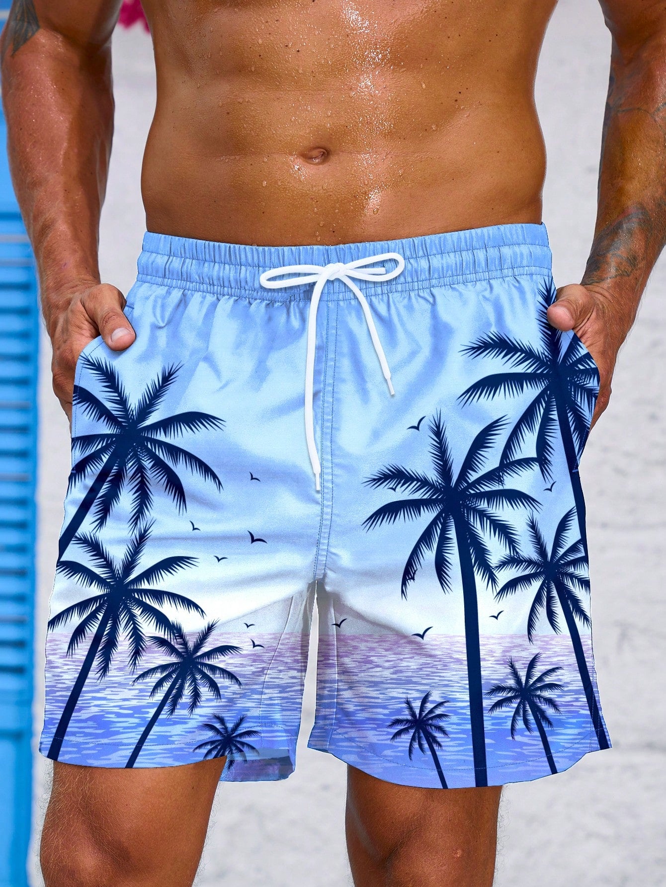 Manfinity Men'S Coconut Tree & Ocean Scenery Graphic Printed Beach Shorts Pool Shorts, for Beach, Vacation