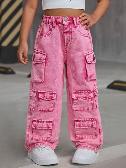 SLAYR KIDS Young Girl Pink Denim Loose Wide-Leg Pants Pink Cargo Pantskids Cargo Pants Girly2K Pants for Young Girl