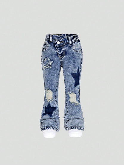 Young Girl Medium Wash Blue Five-Pointed Star Embroidery Ripped Skinny Flare Jeans