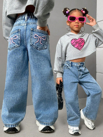 Streecool Kids Young Girls Fashionable Casual Washed Denim Straight-Leg Pants with Embroidered Back Pockets Wide Leg Jeans Kidsbaggy Jeans Young Girl Girls