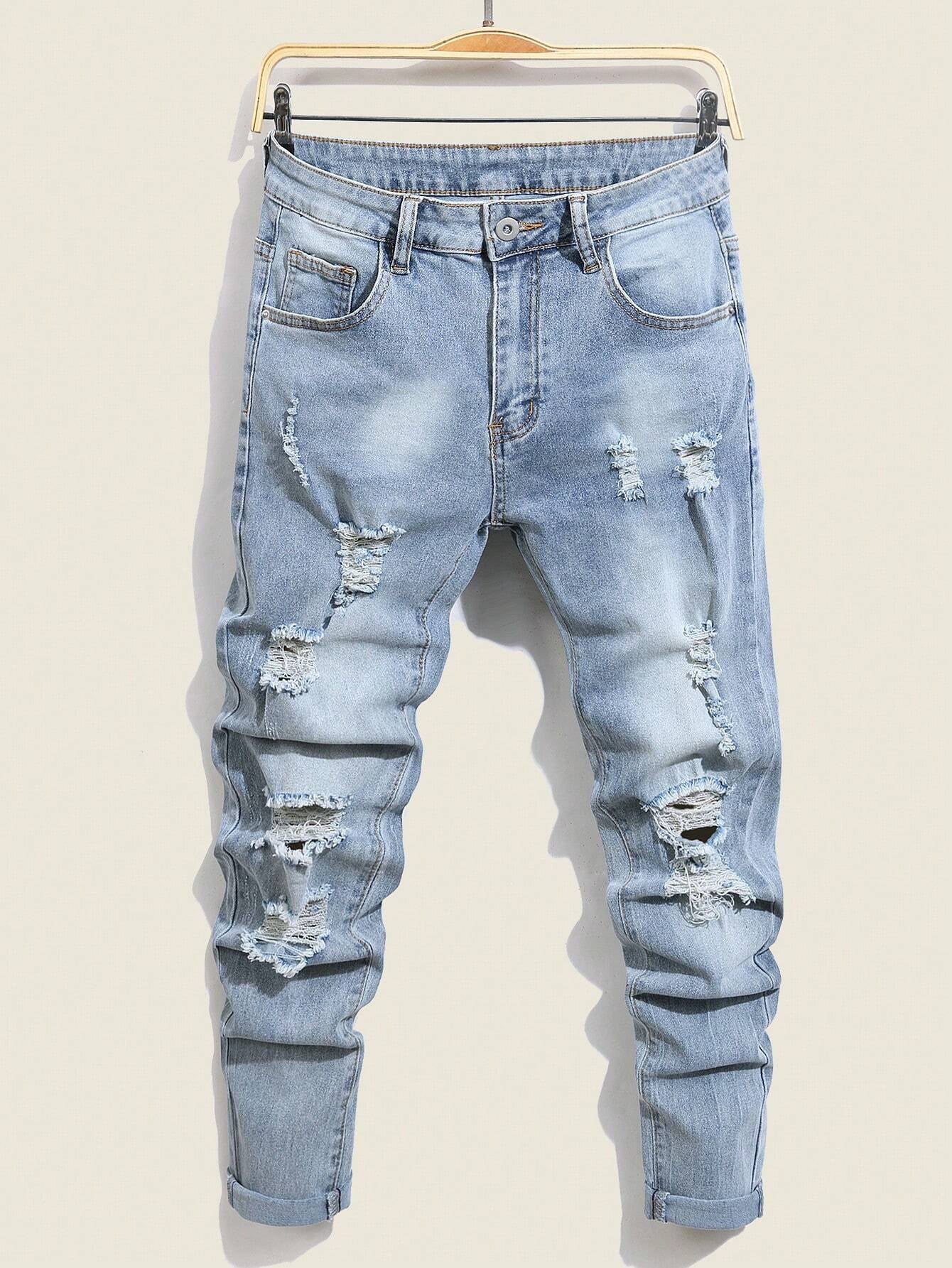 Manfinity LEGND Men'S Slim-Fit Denim Pants with Pockets and Distressed Design for Daily and Travel