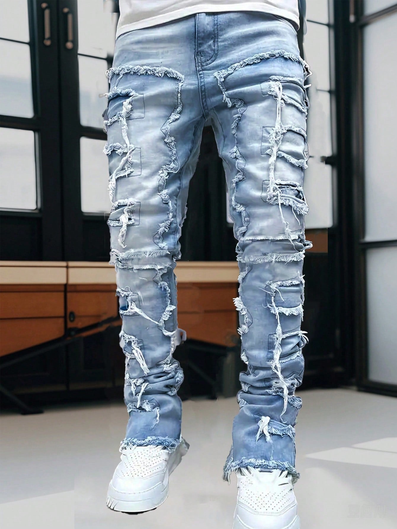 Men'S Fashion Streetwear Creative Layered Fringe Detail Jeans