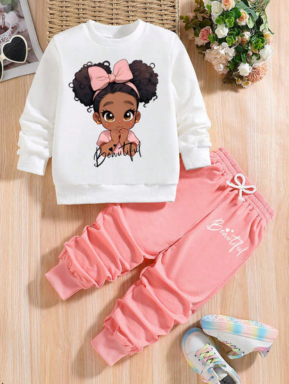 Young Girl Cartoon Pattern Crew Neck Sweatshirt and Sweatpants Set