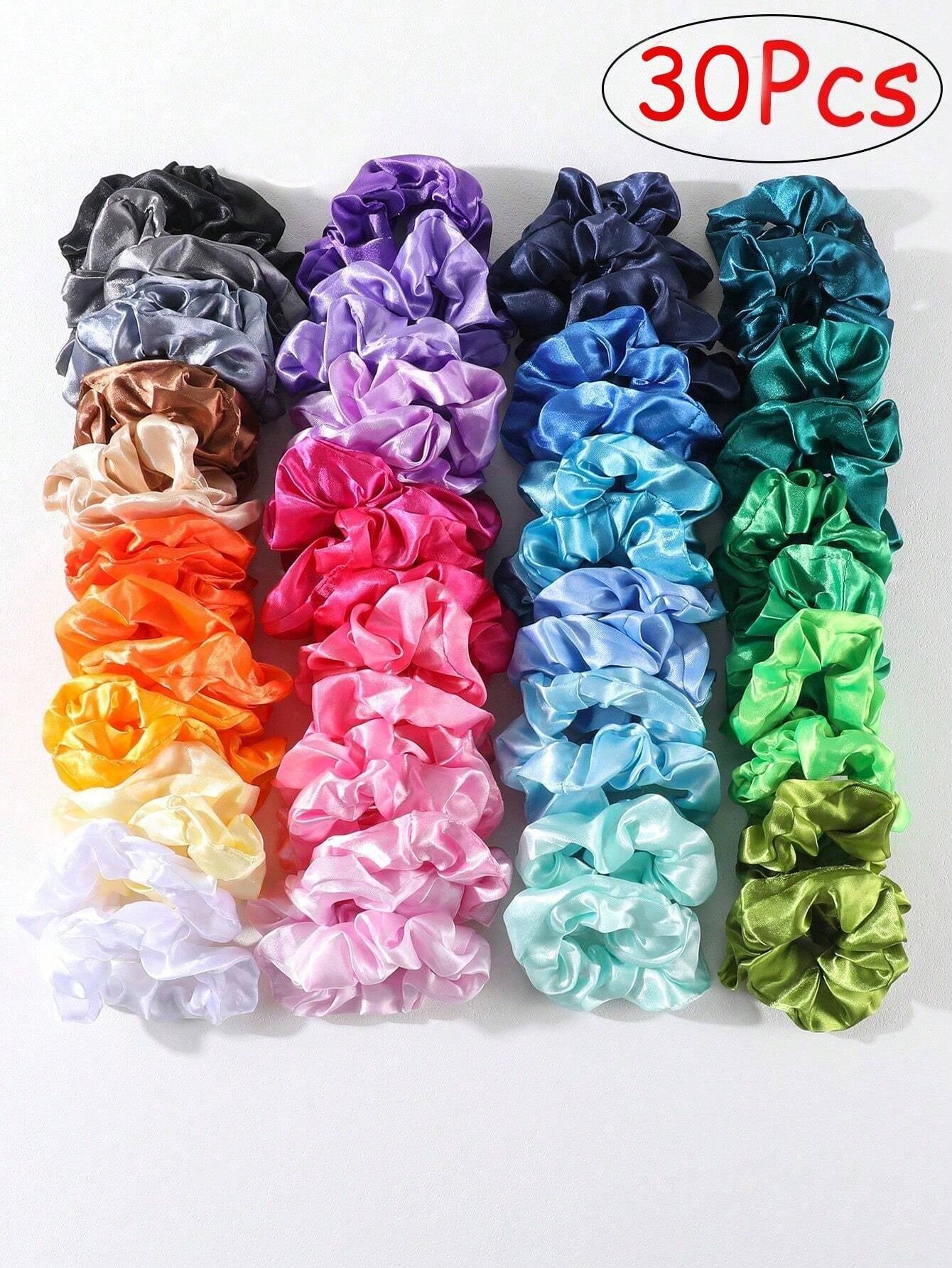 30 Pcs Random Color Satin Scrunchies Hair Ties for Girls, Elastic Hair Bands with Colorful Ribbons, Ponytail Holders for Daily Use