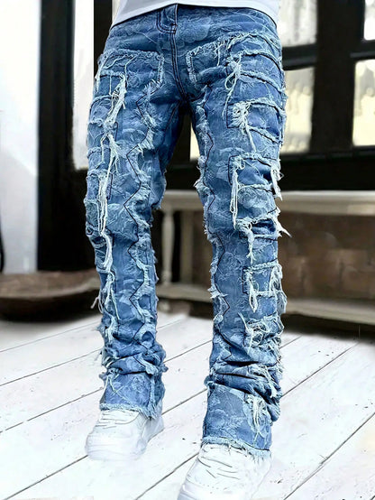 Plus Size Men'S Fashion Jacquard Fringed Detail Jeans