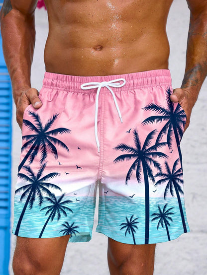 Manfinity Men'S Coconut Tree & Ocean Scenery Graphic Printed Beach Shorts Pool Shorts, for Beach, Vacation