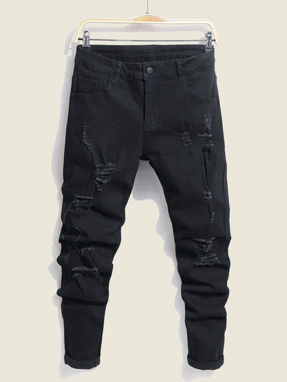 Manfinity LEGND Men'S Slim-Fit Denim Pants with Pockets and Distressed Design for Daily and Travel