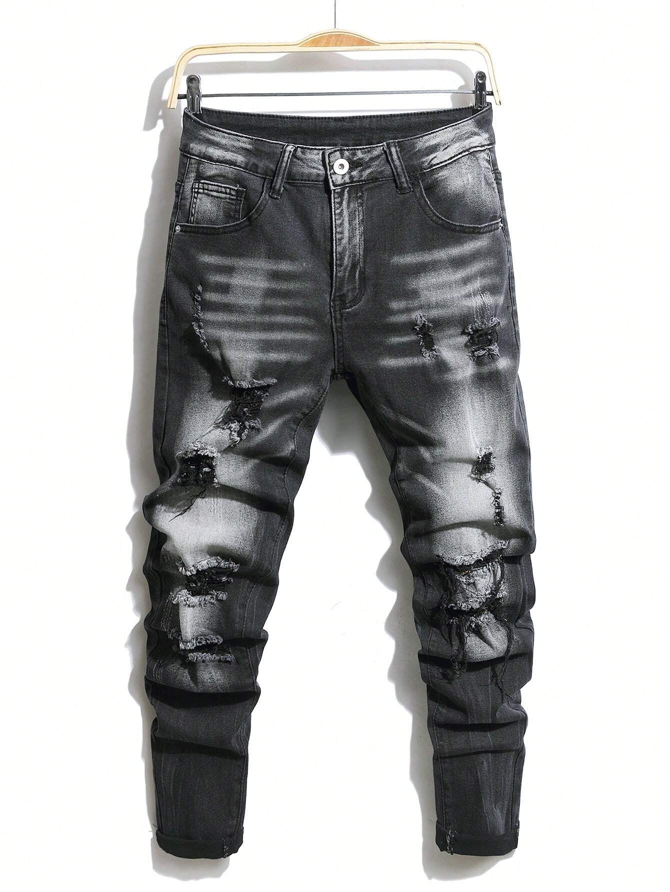 Manfinity LEGND Men'S Slim-Fit Denim Pants with Pockets and Distressed Design for Daily and Travel