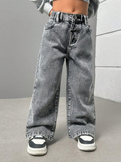 Streecool Kids Young Girls Fashionable Casual Washed Denim Straight-Leg Pants with Embroidered Back Pockets Wide Leg Jeans Kidsbaggy Jeans Young Girl Girls