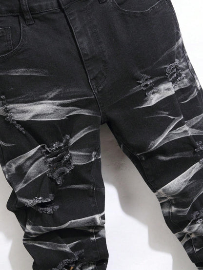 Manfinity LEGND Men'S Slim-Fit Denim Pants with Pockets and Distressed Design for Daily and Travel