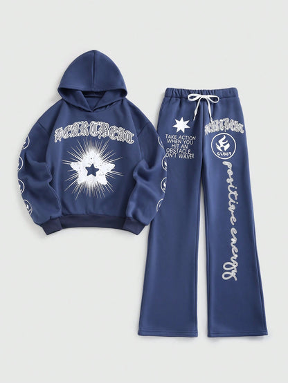 Streethx Hooded Sweatshirt and Pants Set with Printed Pattern