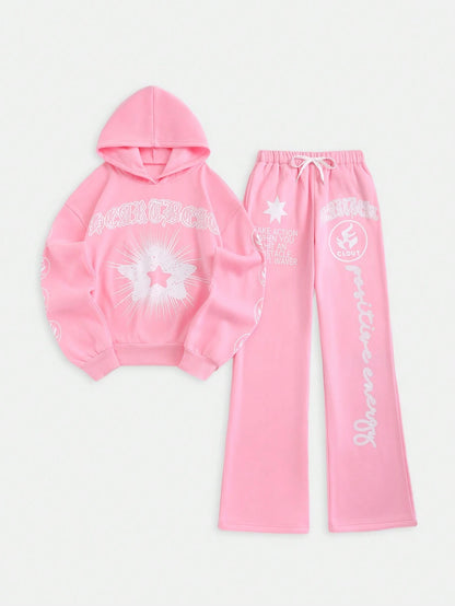 Streethx Hooded Sweatshirt and Pants Set with Printed Pattern