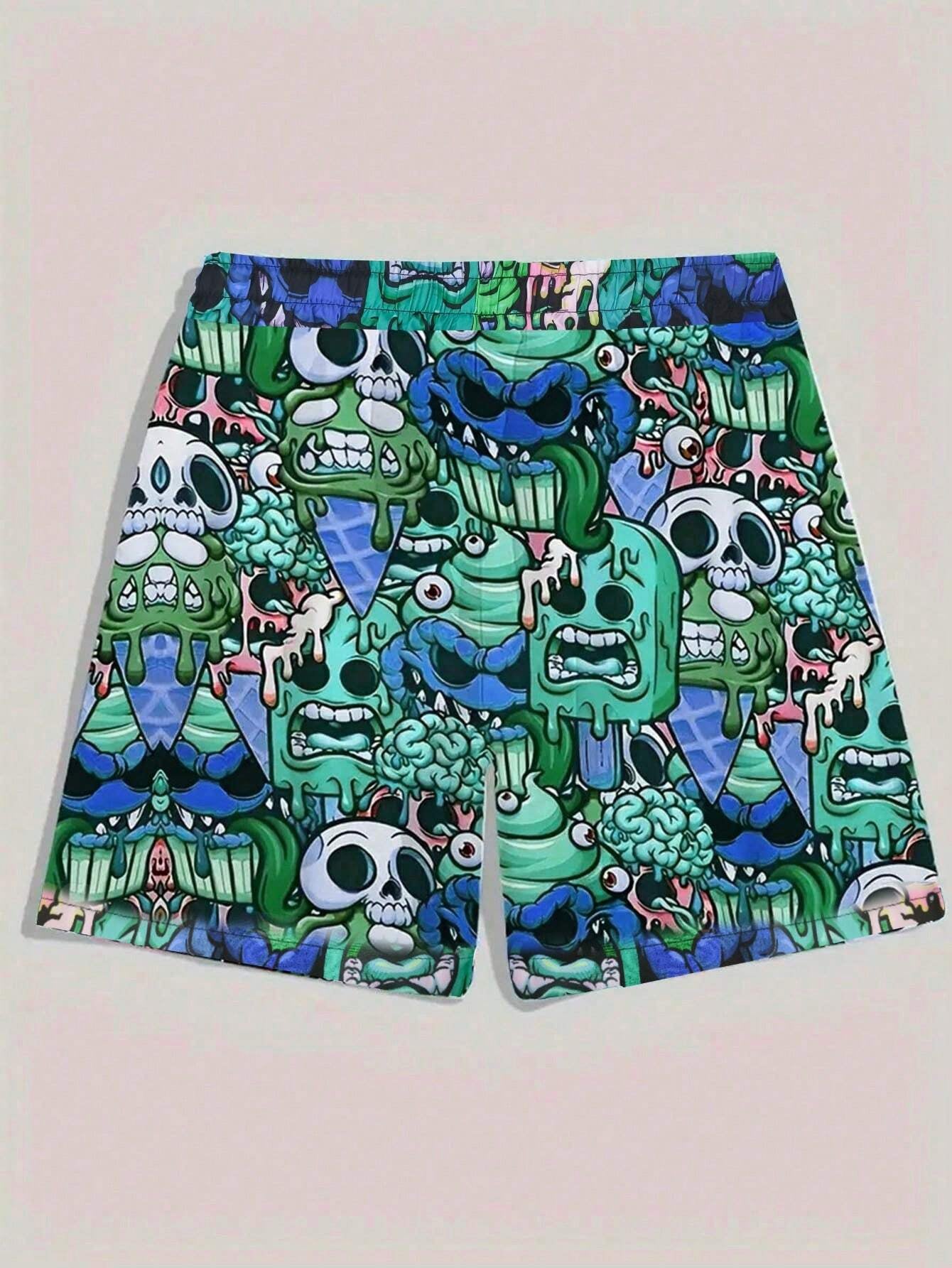 Men Skull Print Drawstring Waist Swim Trunks