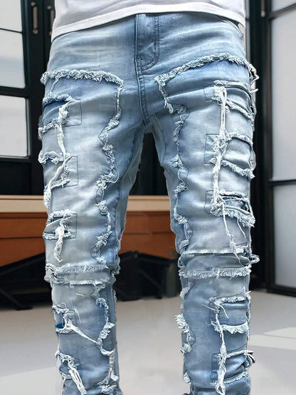 Men'S Fashion Streetwear Creative Layered Fringe Detail Jeans