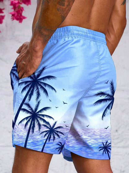 Manfinity Men'S Coconut Tree & Ocean Scenery Graphic Printed Beach Shorts Pool Shorts, for Beach, Vacation