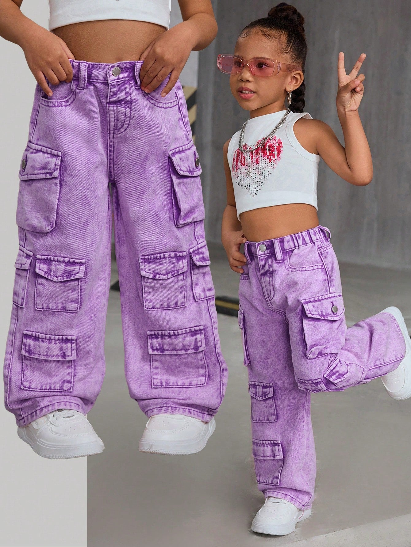 SLAYR KIDS Young Girl Pink Denim Loose Wide-Leg Pants Pink Cargo Pantskids Cargo Pants Girly2K Pants for Young Girl