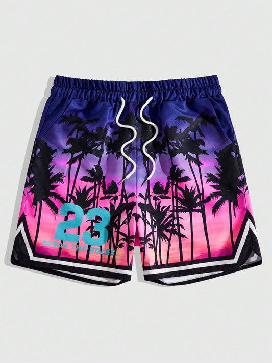 ROMWE Street Life Men'S Palm Tree & Letter Print Drawstring Waist Basketball Shorts