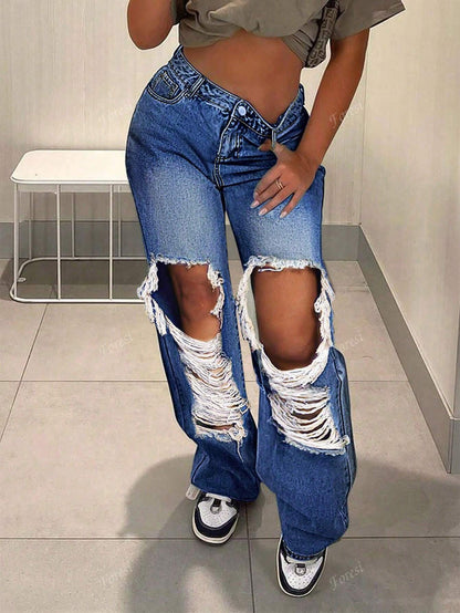 Cut Out Ripped Fringe Trim Straight Leg Jeans