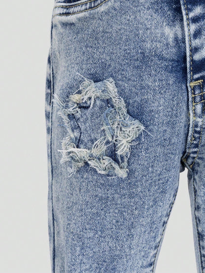 Young Girl Medium Wash Blue Five-Pointed Star Embroidery Ripped Skinny Flare Jeans