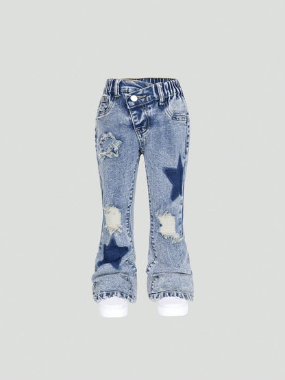 Young Girl Medium Wash Blue Five-Pointed Star Embroidery Ripped Skinny Flare Jeans