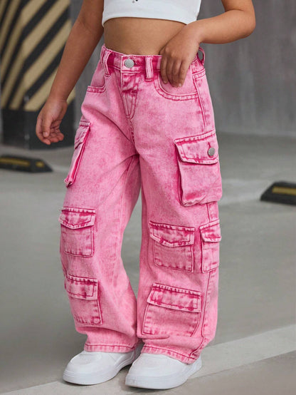 SLAYR KIDS Young Girl Pink Denim Loose Wide-Leg Pants Pink Cargo Pantskids Cargo Pants Girly2K Pants for Young Girl