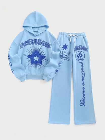 Streethx Hooded Sweatshirt and Pants Set with Printed Pattern