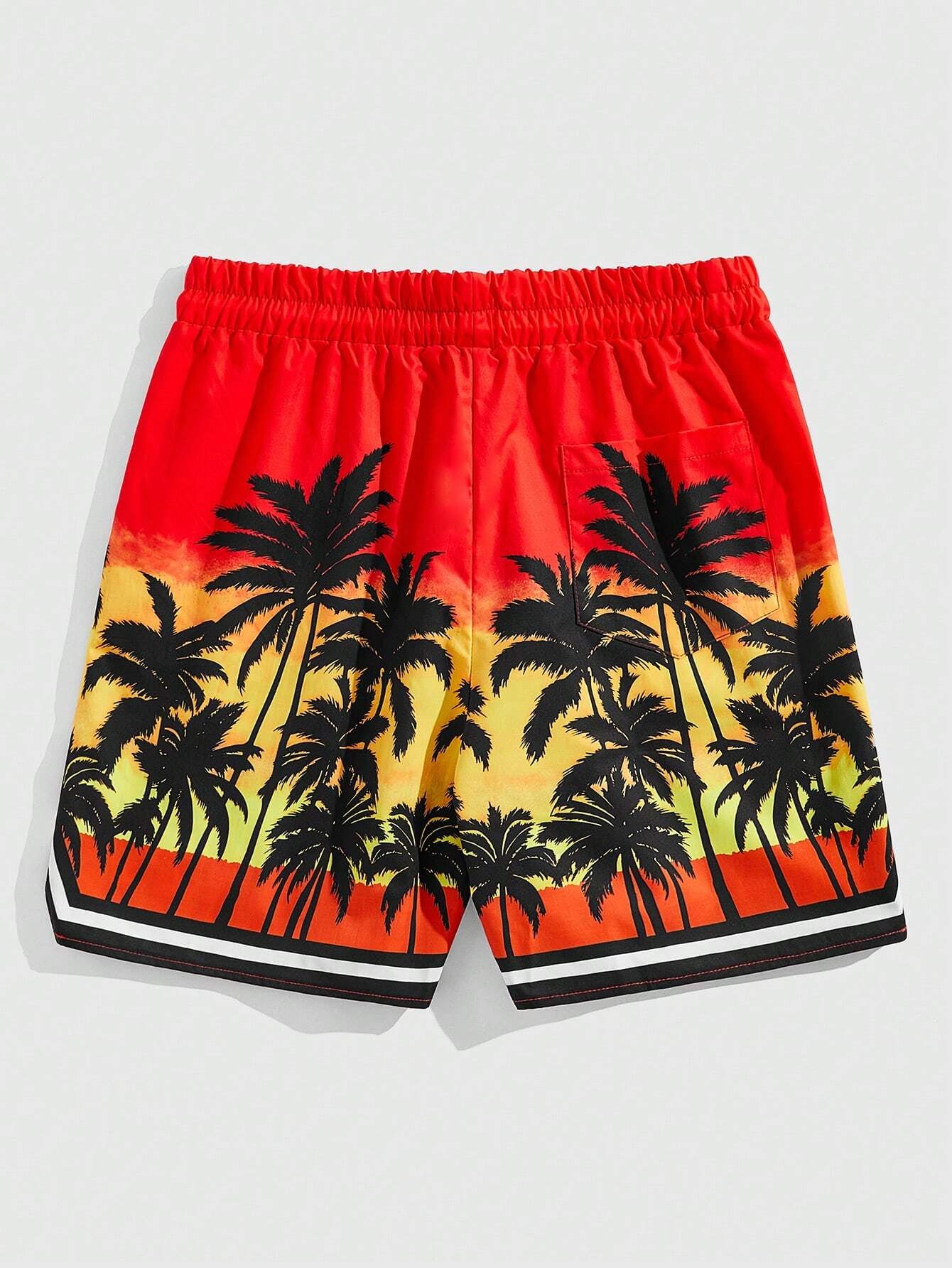 ROMWE Street Life Men'S Palm Tree & Letter Print Drawstring Waist Basketball Shorts