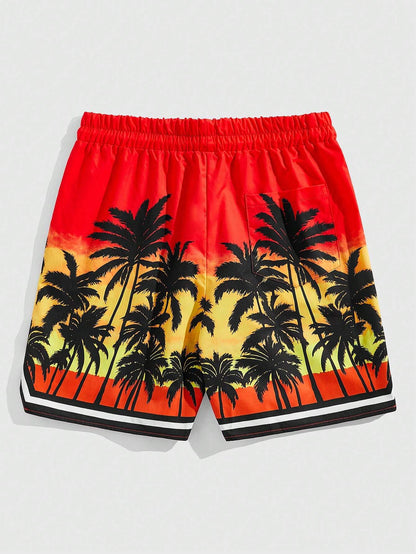 ROMWE Street Life Men'S Palm Tree & Letter Print Drawstring Waist Basketball Shorts