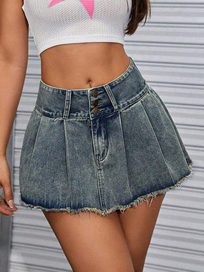 ICON Raw Hem Pleated Denim Skirt