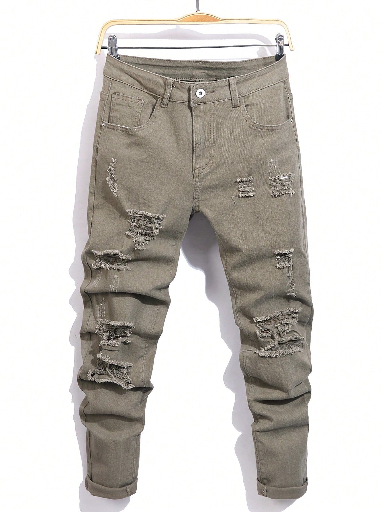 Manfinity LEGND Men'S Slim-Fit Denim Pants with Pockets and Distressed Design for Daily and Travel