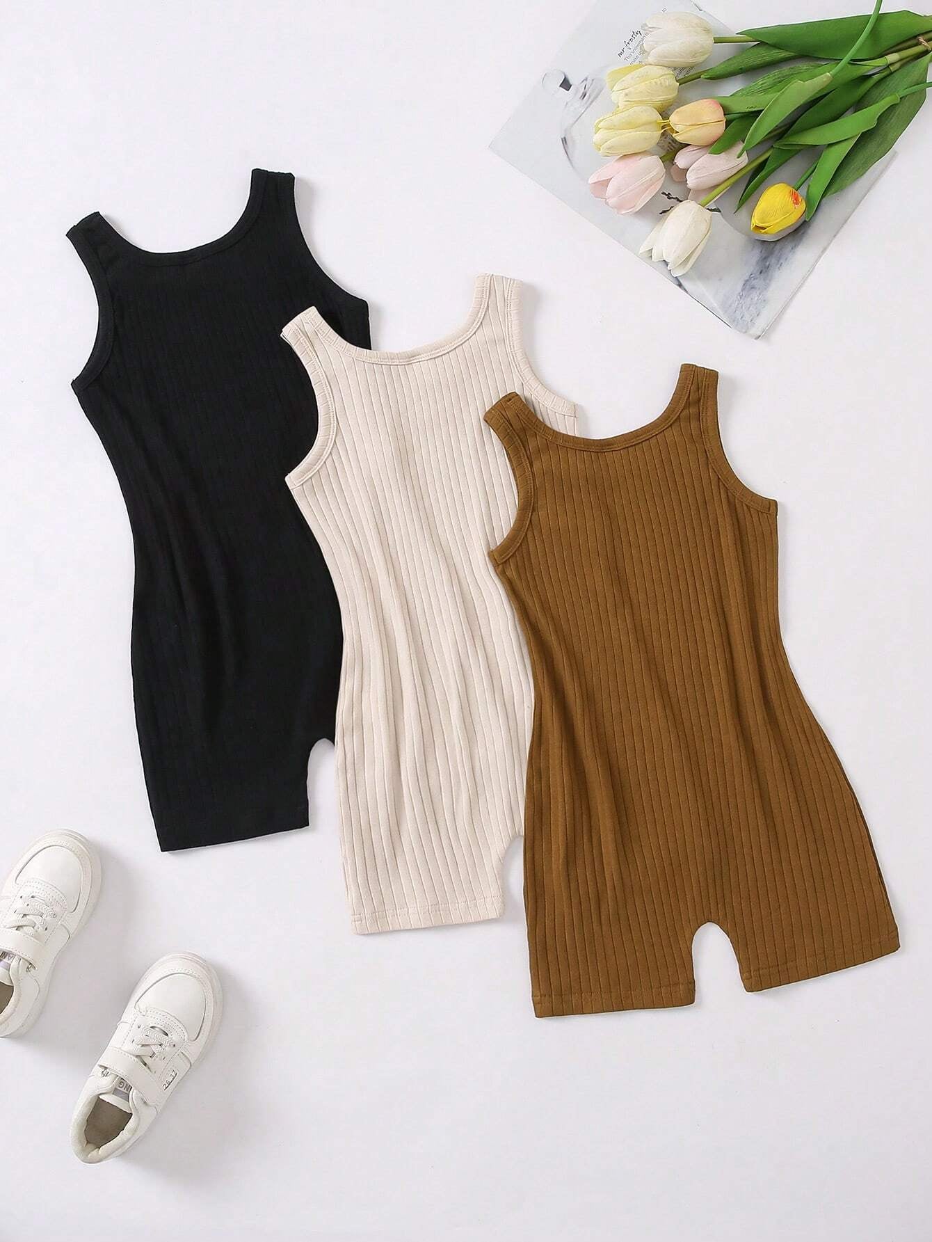 3 Pcs Young Girl Casual Basic Street Style Tight Jumpsuit Set Bodysuits for Young Girl