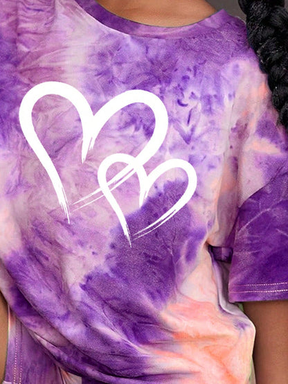 Tie-Dye Heart Design, Young Girls' Casual Simple Short Sleeve T-Shirt and Shorts Set, Suitable for Summer Young Girl Two Piece Setkids Two Piece Setskids Streetwear