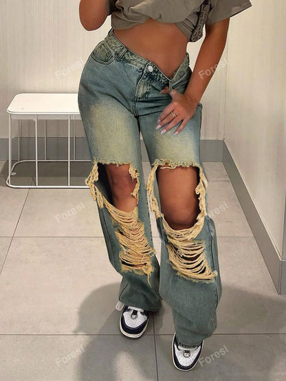 Cut Out Ripped Fringe Trim Straight Leg Jeans