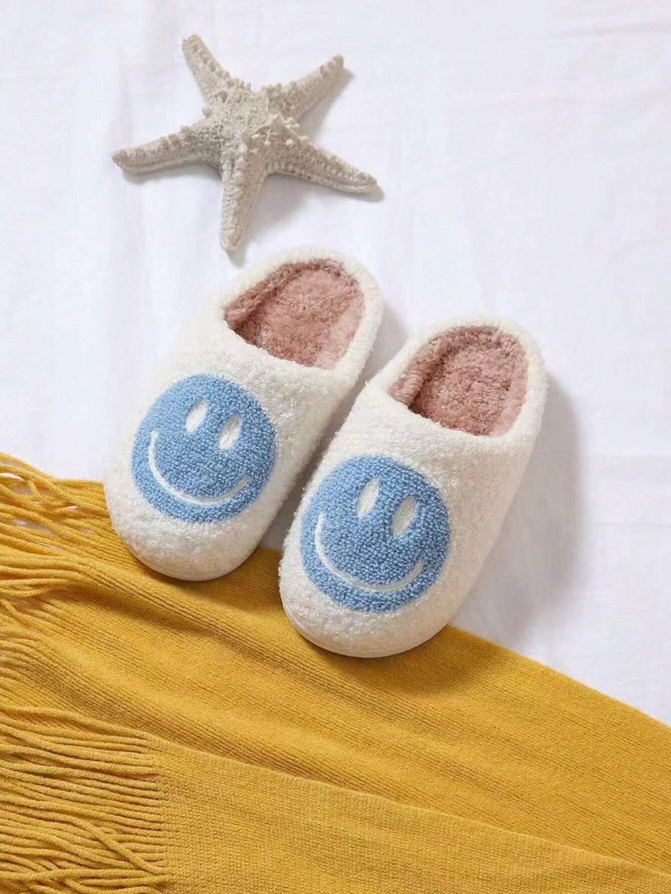 Women'S Cute Cartoon Smiling Face Fabric Slippers, Thick Sole Anti-Slip Warm Indoor Couple Slippers, Christmas Gifts