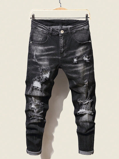 Manfinity LEGND Men'S Slim-Fit Denim Pants with Pockets and Distressed Design for Daily and Travel