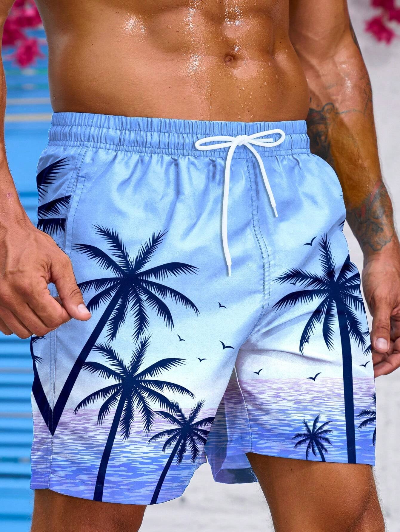 Manfinity Men'S Coconut Tree & Ocean Scenery Graphic Printed Beach Shorts Pool Shorts, for Beach, Vacation