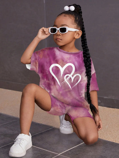 Tie-Dye Heart Design, Young Girls' Casual Simple Short Sleeve T-Shirt and Shorts Set, Suitable for Summer Young Girl Two Piece Setkids Two Piece Setskids Streetwear