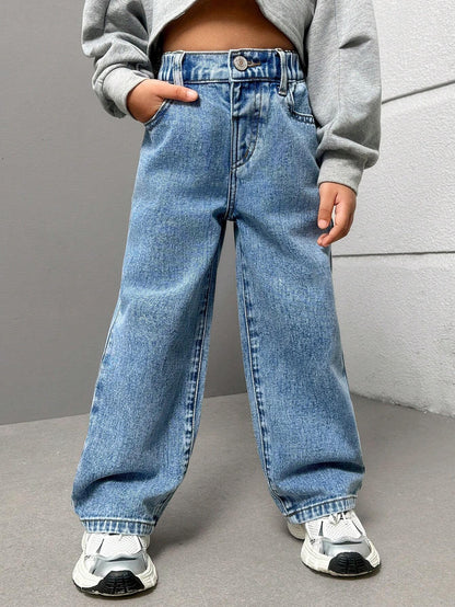 Streecool Kids Young Girls Fashionable Casual Washed Denim Straight-Leg Pants with Embroidered Back Pockets Wide Leg Jeans Kidsbaggy Jeans Young Girl Girls