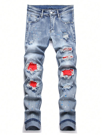 Manfinity EMRG Men'S Button Front Pocket Distressed Denim Jeans, Casual Everyday Wear