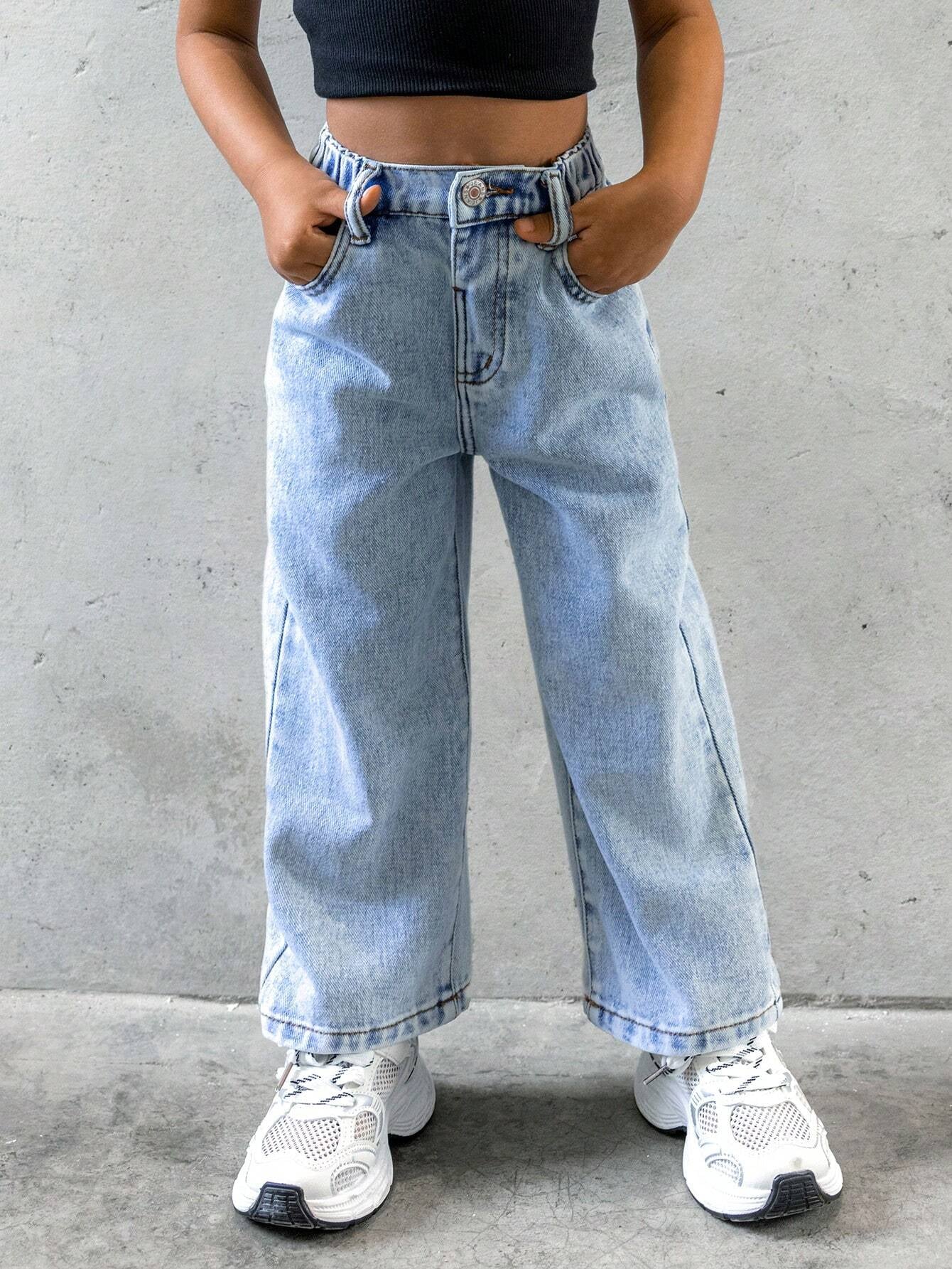 Streecool Kids Young Girls Fashionable Casual Washed Denim Straight-Leg Pants with Embroidered Back Pockets Wide Leg Jeans Kidsbaggy Jeans Young Girl Girls