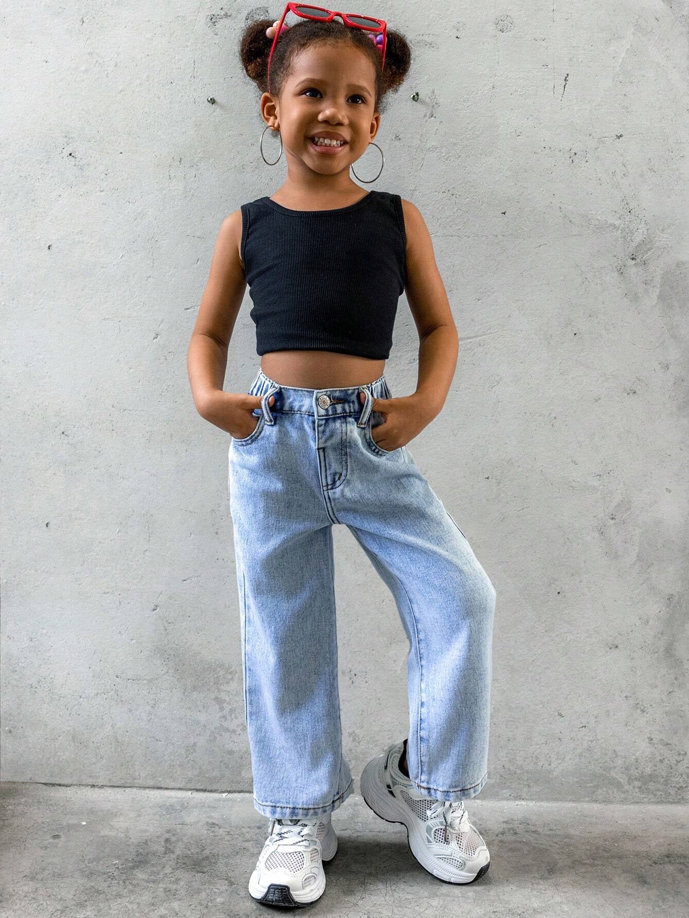 Streecool Kids Young Girls Fashionable Casual Washed Denim Straight-Leg Pants with Embroidered Back Pockets Wide Leg Jeans Kidsbaggy Jeans Young Girl Girls