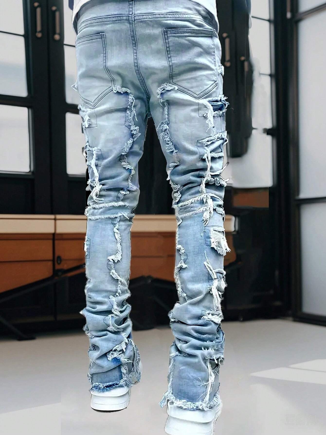 Men'S Fashion Streetwear Creative Layered Fringe Detail Jeans