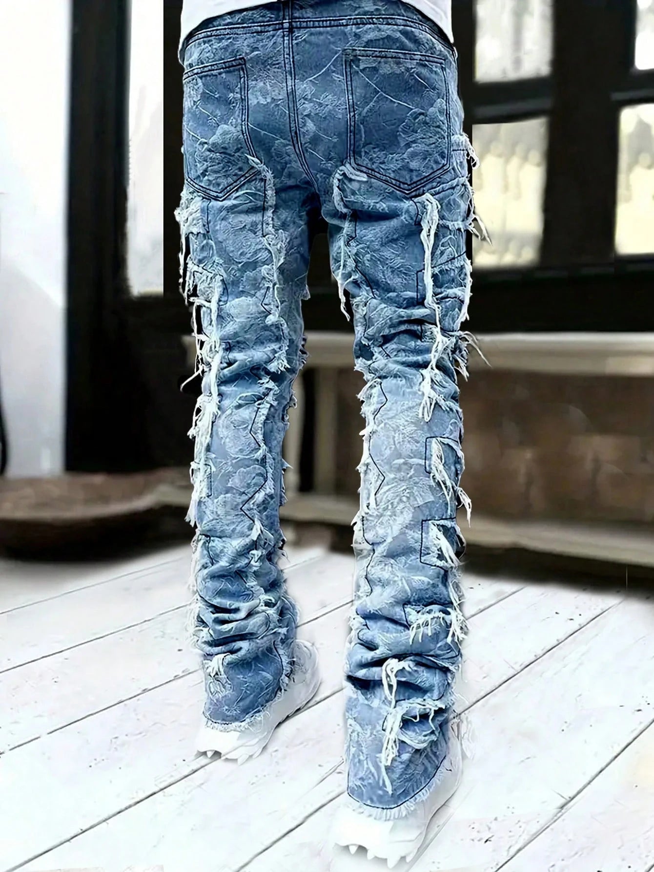 Plus Size Men'S Fashion Jacquard Fringed Detail Jeans