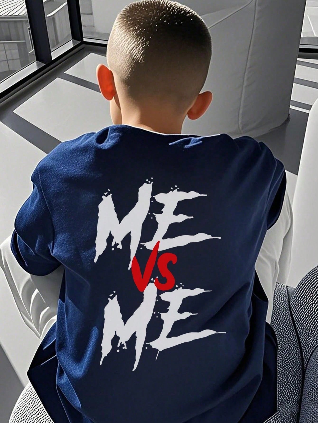 1Pc Tween Boys Me Vs Me Graphic Print Short Sleeve T-Shirt, Suitable for Male Student Summer Wear